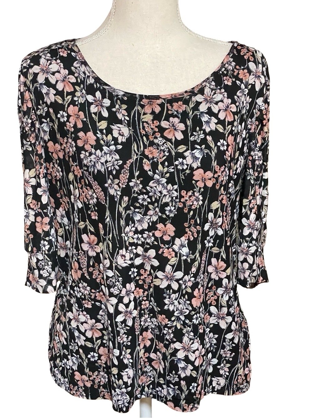 Tommy Hilfiger floral blouse scoop neck floral black pink quarter sleeve mesh XL - Picture 2 of 13
